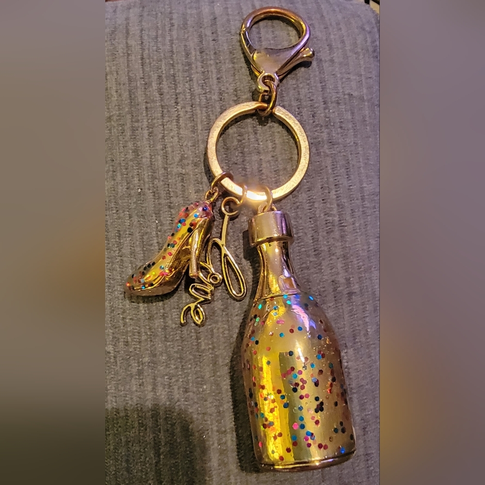 Gold Tone Glitter Champagne Bottle, Love & Shoe Keychain